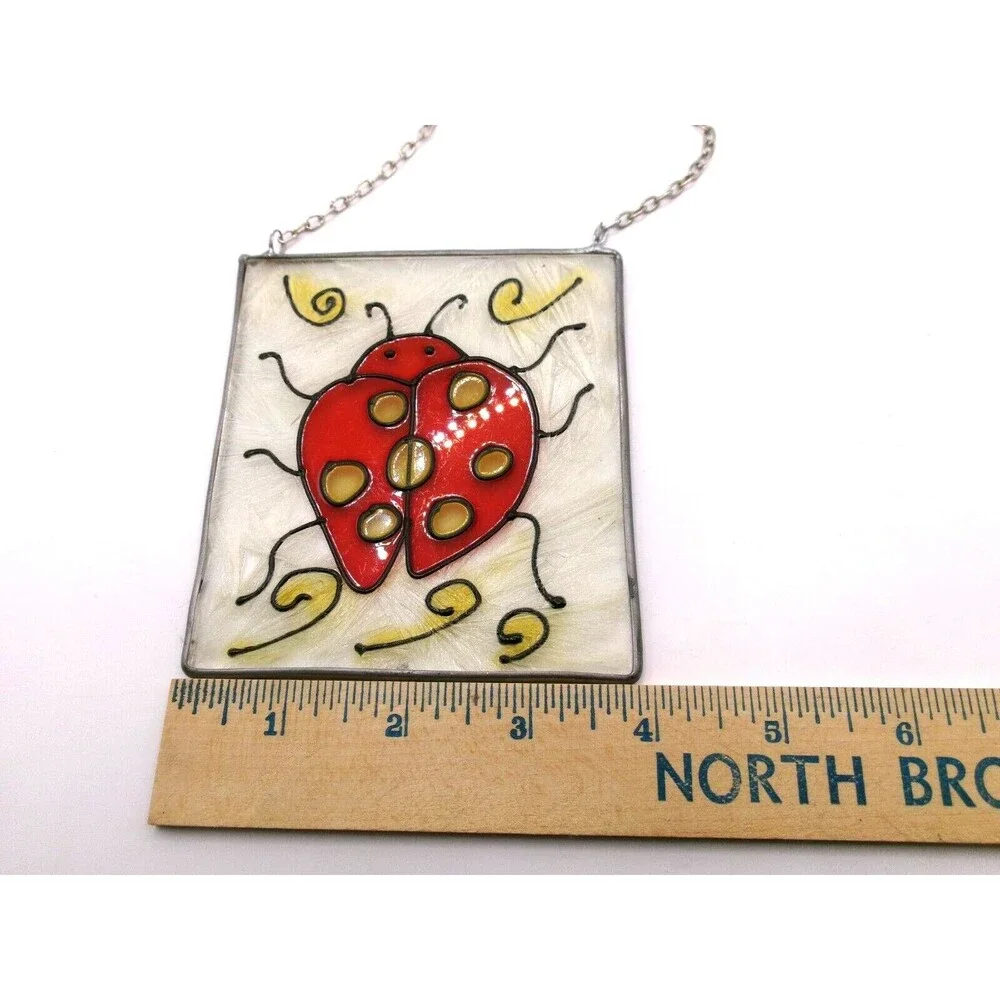 Ladybug Suncatcher Faux Stained Glass Look Painted Design on Chain 4x4 inches